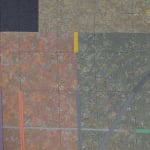 Six-sided shaped acrylic painting divided into rectangular parcels of muted yellows, greens, blues, and purples with a faint grid overlaid
