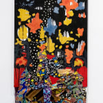 Colorful, irregularly shaped Neo-African Abstract Expressionist multimedia painting comprising oil paint and fabric of different patterns