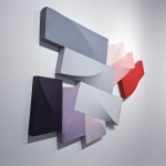 Detail of Tridimensional painting of interconnected parallelepipeds in shades of gray, black, violet, pink, and red
