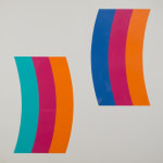 Print of 2 curve sections back-to-back, each made from 3 color strips, light blue, dark blue, orange, burgundy