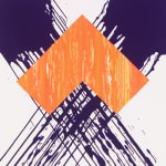 Detail of White canvas painting with crossing purple that fades into strokes and bright orange at the intersecting point