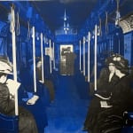 Detail of Collaged image of the interior of two identical subway cars with passengers, one sepia toned and one blue.