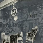 Detail of Collaged black and white image of a room containing a collection of objects