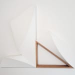 Tridimensional painting of three white stacked prisms, with a brown framed triangle at the bottom right corner