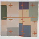 Quadrilateral shaped arcylic painting divided into irregular rectangular parcels of muted yellows, greens, blue, and purple with an overlaid orange coordinate plane