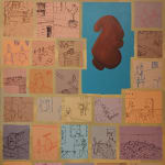 Painting of many colored rectangles featuring figurative scenes arranged in a grid surrounding a brown abstract object on a field of blue