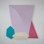 Tridimensional painting of a lavender prism with a smaller blue cube to the bottom left, a creme parallelepiped at the bottom center, and a pink triangular prism to the right