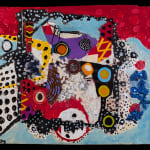 Colorful artwork comprised of oil and patterned fabric on canvas in a "neo-African abstract expressionist" mode