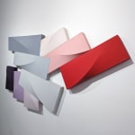Detail of Tridimensional painting of interconnected parallelepipeds in shades of gray, black, violet, pink, and red