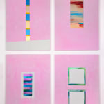 An array of colorful paintings comprised of geometric abstract forms displayed on a white wall
