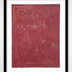 Framed Red paper with yellow, green and white doodles of bells, and lights and anthropomorphic forms