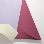 Detail of Tridimensional painting of a lavender prism with a smaller blue cube to the bottom left, a creme parallelepiped at the bottom center, and a pink triangular prism to the right