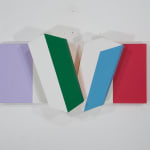 Tridimensional painting of four flattened cubes at varying angles each with one side painted. From left to right: lavender, green, blue, pink