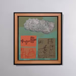 Framed square painting of a large gray cloud-like object and three rectangular rectangles with figurative scenes