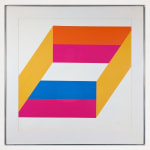 Metal framed minimalist print by Charles Hinman consisting of six quadrilaterals of various bright colors against a white paper background