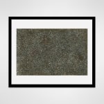 Black framed abstract work on paper consisting of small marks covering the entire visual field