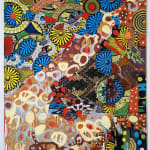 Colorful artwork comprised of oil paint and patterned fabric canvas in a "neo-African abstract expressionist" mode