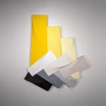Tridimensional, bas relief vertical painting, yellow, light yellow, beige, grays, black modules