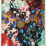 A colorful artwork comprised of oil paint and patterned fabric affixed to canvas in a "neo-African abstract expressionist" mode