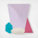 Tridimensional painting of a lavender prism with a smaller blue cube to the bottom left, a creme parallelepiped at the bottom center, and a pink triangular prism to the right