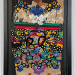 Black framed colorful artwork comprised of oil and patterned fabric on cloth in a "neo-African abstract expressionist" mode