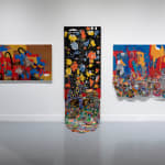 Triptych of colorful, irregularly shaped Neo-African Abstract Expressionist multimedia paintings comprising oil paint and fabric of different patterns