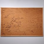 A map drawn in ink on plywood with small wooden blocks hanging on a white wall