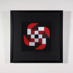 Acrylic on ragboard of geometric swirl shape in bright grey, red, and burgundy against a black background mounted on a white wall
