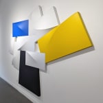 Detail of Tridimensional painting of interconnected parallelepipeds in white, yellow, blue, and black
