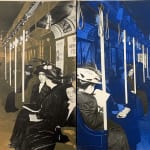 Collaged image of the interior of two identical subway cars with passengers, one sepia toned and one blue.