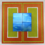 Three-dimensional painting composed of geometric blocks of color with both traditional and interference acrylic