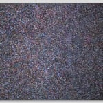Acrylic and mixed media on canvas in an abstract expressionist mode of countless multicolored dots creating a sense of cosmic depth