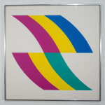 Print of two curved sections stacked on top of eachother with three color strips. Both in magenta and yellow,and dark blue on top and teal on the bottom.