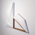 Detail of Tridimensional painting of three white stacked prisms, with a brown framed triangle at the bottom right corner