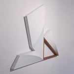 Detail of Tridimensional painting of three white stacked prisms, with a brown framed triangle at the bottom right corner