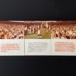 Five chromogenic color prints alternating between a crowd and a close up of a soccer player, mounted on board with handwritten text in pastel