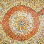 Abstract expressionist painting in warm yellows and oranges with a circular motif