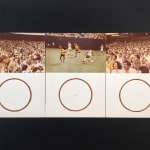 Three chromogenic color prints alternating between a crowd and a close up of a soccer player, underneath each image is a white panel containing a red circle attached to a thin black line which circles a crowd member or player