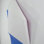 detail of Tridimensional painting of a white & blue rhomboid prism with triangular sides, looking like a cut gem