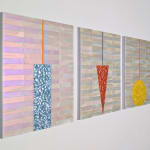 Three minimalist paintings comprised of geometric abstract forms in front of a background of iridescent pastel hues