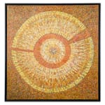 Abstract expressionist painting in warm yellows and oranges with a circular motif