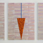 Three minimalist paintings comprised of geometric abstract forms in front of a background of iridescent pastel hues