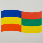 Print of a curving shape made up of 6 colored squares in alternating shades of blue, orange, yellow, green, orange, and yellow.
