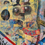Detail of a colorful painting comprising numerous food industry icons depicted in a kaleidoscopic and fragmented manner