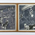 Collaged black and white image of a room containing a collection of objects