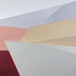 Detail of Tridimensional painting of interconnected parallelograms in red, pink, white, and dark beige