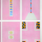 An array of colorful paintings comprised of geometric abstract forms displayed on a white wall