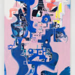 Canvas painted light pink, blue, and white in swirling abstract shapes. Pieces of fabric are overlaid on top