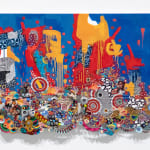 Colorful, irregularly shaped Neo-African Abstract Expressionist multimedia painting comprising oil paint and fabric of different patterns