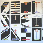 Array of geometric abstract paintings on a white wall